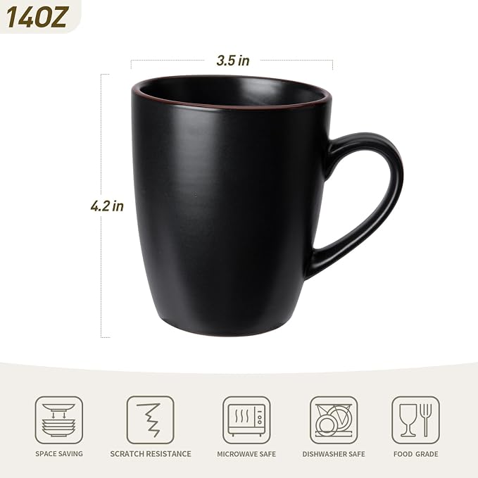 famiware Venus Coffee Mugs for 6, 14 oz Mug Set, Dringking Cup with Handle for Coffee, Tea, Cocoa, Milk, Matte Black (Pack of 2)