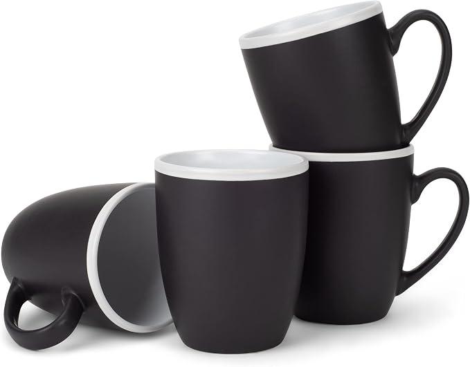 Elanze Designs Solid Color Black White Interior 16 ounce Matte Ceramic Mugs Matching Set of 4