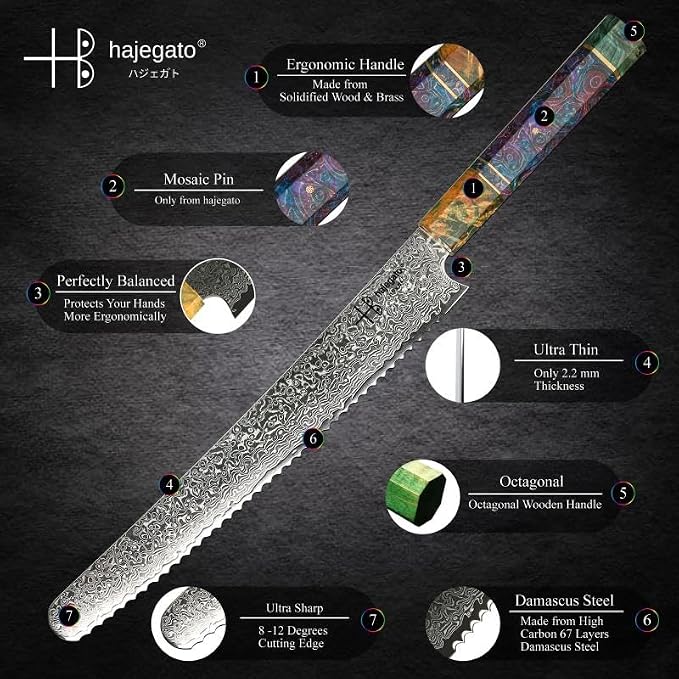 Damascus Chefs Knife Bread Slicer Unique One of Kind Handle Professional 10 Inch Japanese Chefs Kitchen Knife Vg10 67 Layers Damascus Steel Knive - Part of Chef Knife Set