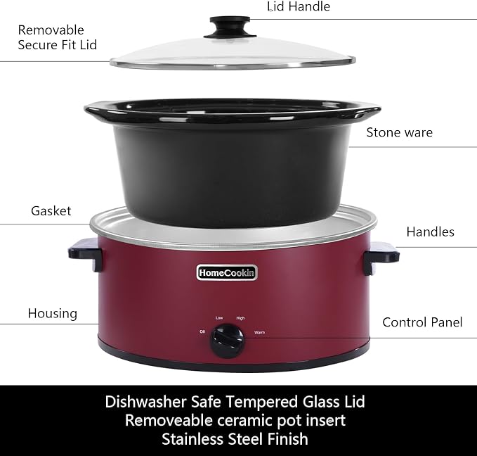 HOMECOOKIN 8 Quart Slow Cooker Oval Manual Pot Food Warmer with 3 Cooking Settings, Red Stainless Steel
