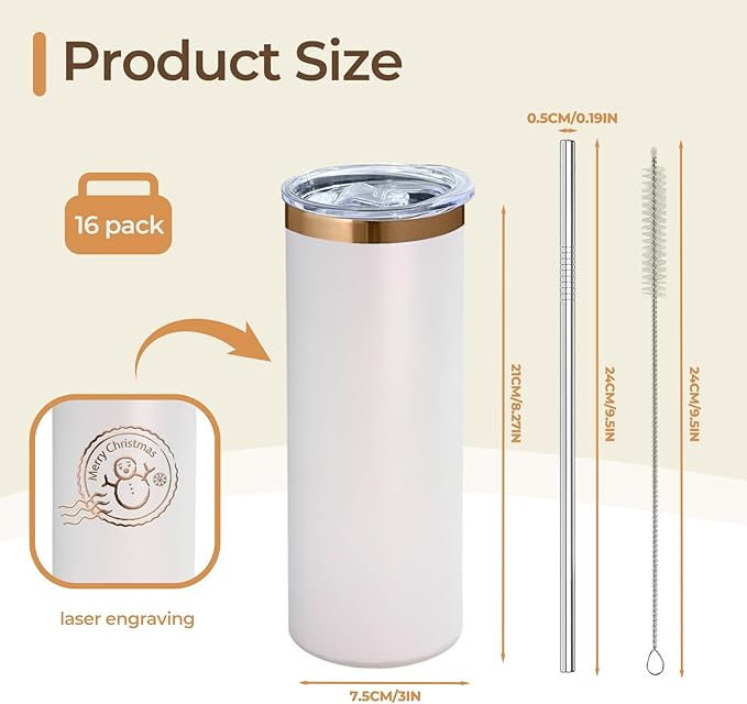 YOUKE OLA 16 Pack Rose Gold Plated Stainless Steel Tumbler Straight Double Wall Powder Coated for Laser Engrave, 20oz White to Bronze