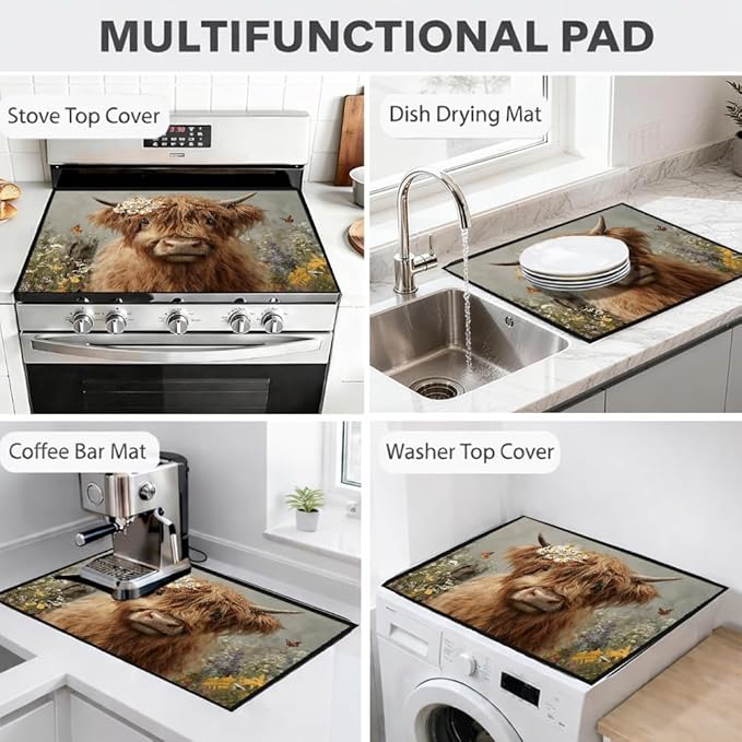 Stove Top Cover for Electric Stove 28.35 x 20.47 Inch Non Slip Stove Mat Highland Cow Daisy Glass Cooktop Protector Kitchen Counter Mat