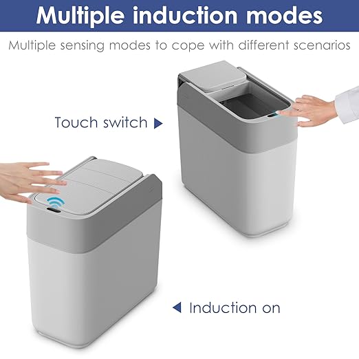 Small Bathroom Trash Cans with Lids,Motion Sensor Bathroom Trash Can,Waterproof Plastic 3.2 Gallon Automatic Adsorption Touchless Garbage Can for Kitchen,Living Room,Office,Laundry,White/Grey