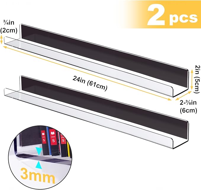 NiHome Clear Magnetic Acrylic Book Shelves 2-Pack, 24'' for Whiteboard, Classroom and Fridge Storage, Sleek Design for Large Picture Books and File Holders, Holds up to 8.5 lbs