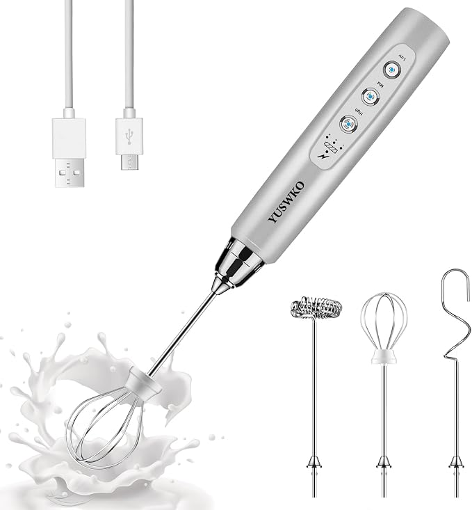 YUSWKO Silver Handheld Milk Frother Wand for Coffee, Rechargeable Electric Whisk with 3 Heads 3 Speeds Drink Mixer Coffee Frother For Latte, Cappuccino, Hot Chocolate, Egg