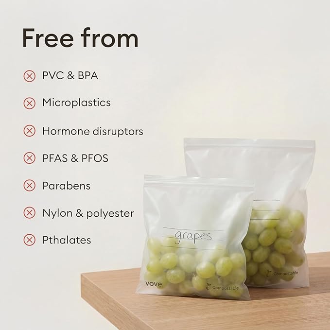 Vove Compostable Quart Bags 30 Ct – PFAS-Free, BPI Certified, Freezer Safe with Airtight Seal for Leftovers & Meal Prep, Plant-Based