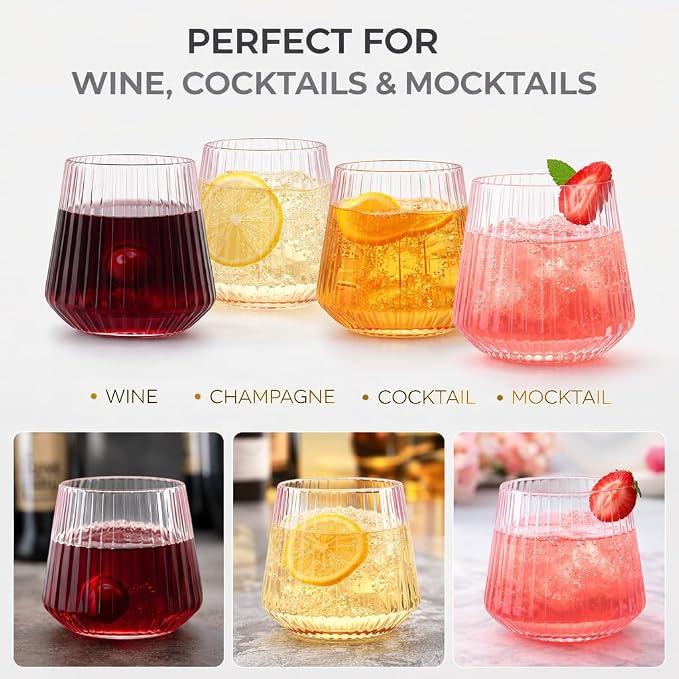 Oojami 40 Pack Pink Disposable Plastic Wine Glasses 12 oz - Ribbed Origami Stemless Unbreakable Reusable Wine Cups, BPA-Free Shatterproof Recyclable, Champagne Cocktail Wedding Party Birthday
