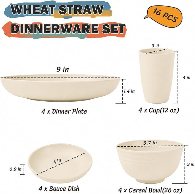 16 Piece Wheat Straw Dinnerware Sets for 4, Unbreakable Dish Set,Reuseable Toddler Plates and Bowls Sets for 4, Lightweight Kitchen Dishware Set for Camping, Picnic Kids Dish Set - Beige