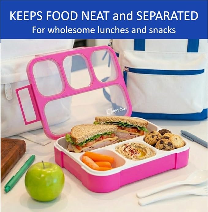 kinsho Bento Lunch Box for Kids Adults, 4 Sealed Divided Compartments, Portion Control Meal or Snack Containers for Boys Girls Women Men, School Work BPA Free with Utensils, Blue + Rose Pink 2 Pack