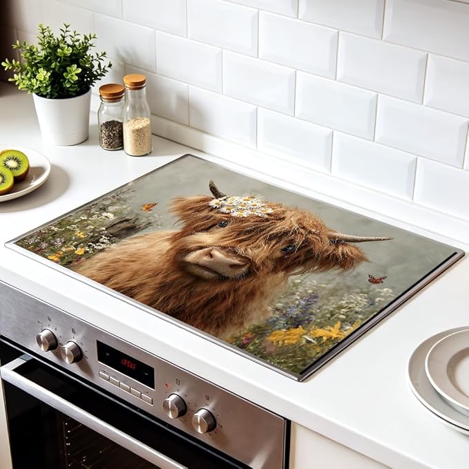 Stove Top Cover for Electric Stove 28.35 x 20.47 Inch Non Slip Stove Mat Highland Cow Daisy Glass Cooktop Protector Kitchen Counter Mat