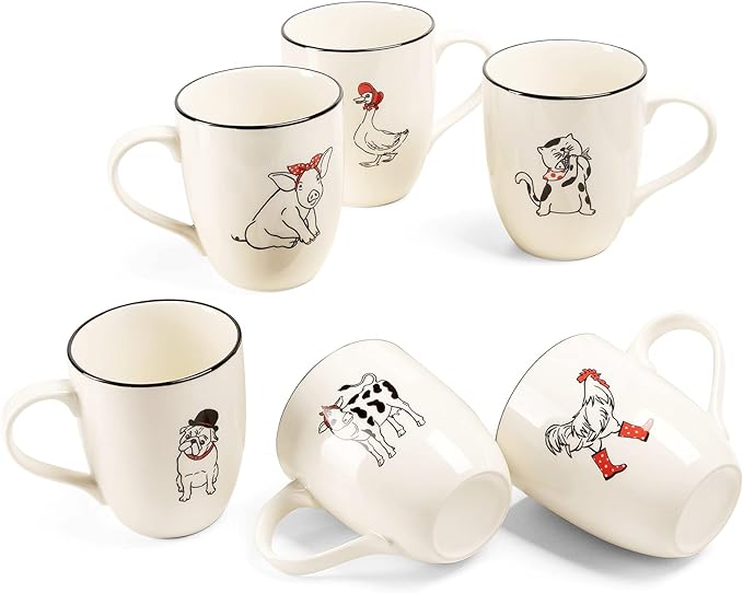 LEHAHA Farmhouse Coffee Mugs Set,16 OZ Animal Large Ceramic Mugs with Handle, Set of 6, Christmas Porcelain Cups for Coffee, Tea, Cocoa, Office and Home Use, Practical Gift, Assorted Design