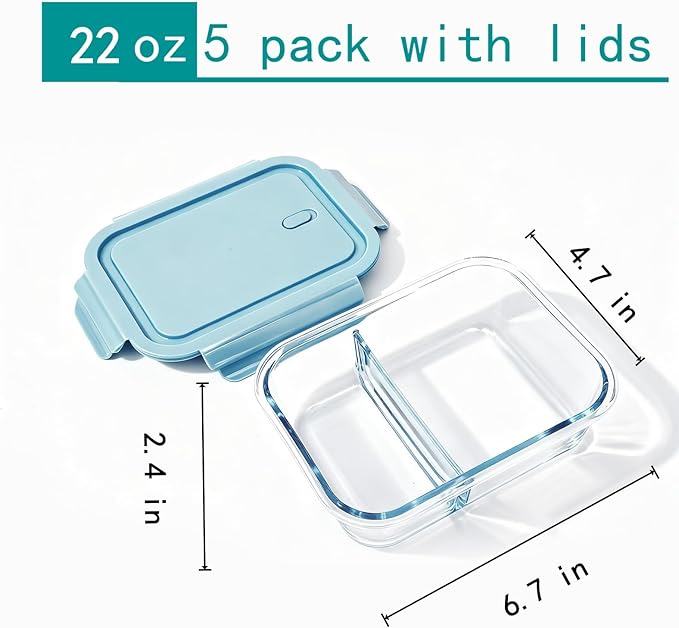 5Pack (22oz-2 Compartments with Lunch Bag) Glass Food Storage Containers with Lids for Kitchen Meal Prep, Fridge Organization, Lunch Box