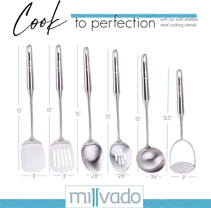 Millvado Stainless Steel Kitchen Utensil Set, Cooking Utensils, Set of 6 Kitchen Tools, Solid Spoon, Slotted Spoon, Solid Turner, Slotted Turner, Soup Ladle, Potato Masher, Dishwasher Safe