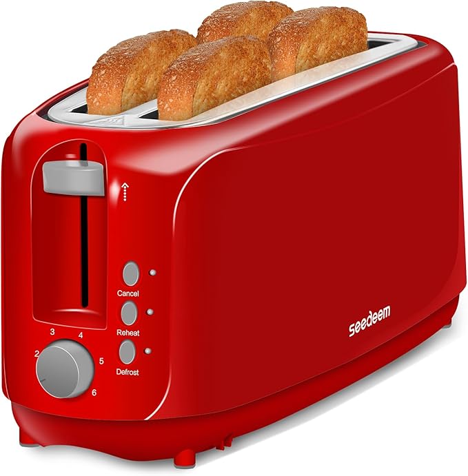 SEEDEEM 4 Slice Toaster, Extra Wide Slots Bread Toaster with 6 Shade Settings, Bagel/Cancel/Defrost/Reheat Functions, Removable Crumb Tray, Auto Shut-Off, Red