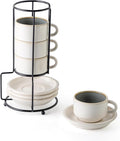 JIEMEI HOME Porcelain Stackable Espresso Cups with Saucers and Metal Stand, 4 Ounce Demitasse Cups for Specialty Coffee Drinks, Cafe Mocha Tea-Set of 4, Stackable Espresso Mugs, White & Green