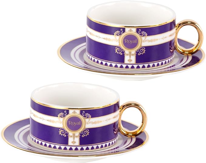 KAMMAK Tea Cups and Saucers Set of 2, Porcelain Coffee Cups, Stackable Espresso Mugs, Ceramic Demitasse for Coffee, Latte, Americano, Tea, Polka Dot Fantasy Purple