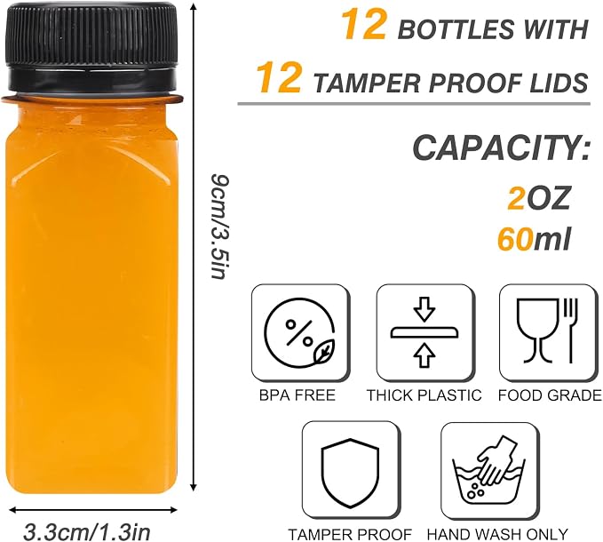 TOMNK 12pcs 2oz Plastic Shot Juice Bottles with Caps, Reusable Clear Bulk Beverage Containers for Ginger Shot, Juice, Milk and Other Beverages
