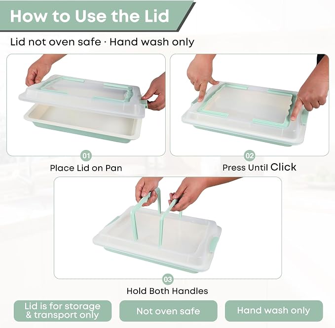 Jelly Roll Pan with Lid, 16.9"x12" Nonstick Sheet Cake Pan, 2" Deep, Snap-Lock Lid for Potluck, PFOA-Free, Oven Safe 450°F, Mint Green