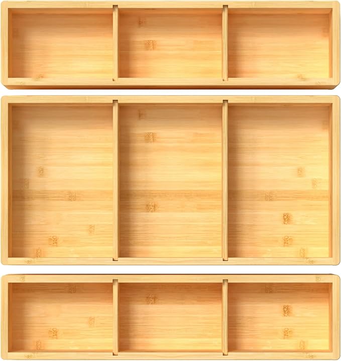 DUJEN Bamboo Drawer Organizer 12.5'' X 12.5'' X 2'', Adjustable 3 Individual Junk Drawer organizer for Bathroom and Kitchen, Wood Drawer Tea Organier Boxes for Silverware, Make up and Tea Bag