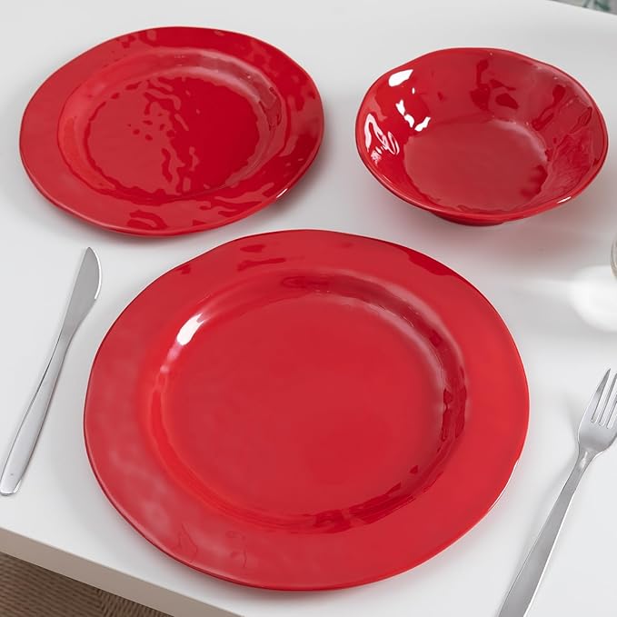 LEHAHA Red Melamine Dinnerware Sets, 18-Piece Melamine Dishes Set, Lightweight and Chip Resistant, Durable Plates and Bowls Set, Safe for Daily Use, Dishwasher Safe, Service for 6