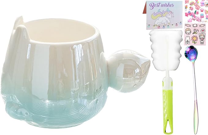 Pearl Ceramic Coffee Mug for Tea Latte Milk Cute Love Shape Cup for Home Office Women Gift 6.5 oz (blue fat bunny, 430 ml)