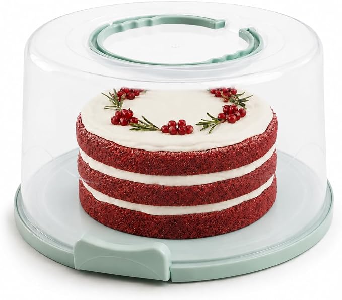 EXTRA LARGE & EXTRA STURDY Cake Carrier, Cake Stand with Lid and Foldable Handles - Multifunctional Serving Platter and Cake Plate - Cake Container with Dome and Strong Snaps 13 x 13 x 7 inch (Green)