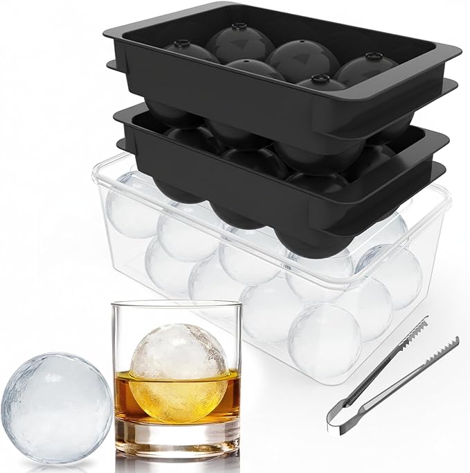 Large Ice Ball Maker Mold, 1.9" Round Ice Cube Mold for Whiskey Bourbon Cocktail, 6 Balls, Sphere Ice Mold, Big Ice Cube Tray with Container and Tongs, Easy to Fill & Release