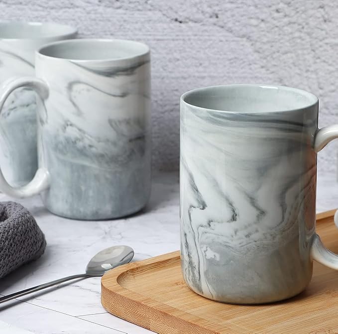 14 OZ Marble Coffee Mugs, M068 Novelty Marble Ceramic Cup for Home and Office, Microwave Dishwasher Safe, Set of 4, Gray