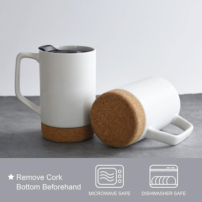 Ceramic Coffee Mug Set of 2, 17 OZ Large Coffee Mug with Removeable Cork Bottom and Splash Proof Lid, Large Handle Coffee Mugs for Men and Women, Great for Coffee, Tea, Hot Chocolate(Matte White) | Large Mug with Removeable Cork Bottom and Splash Proof...
