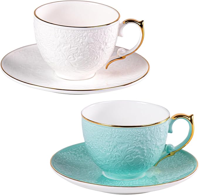 KAMMAK Tea Cups and Saucers Set of 2, Fine Bone China Coffee Cups, Stackable Espresso Mugs, Ceramic Demitasse for Coffee, Cappuccino, Latte, Americano, Tea, Uncaria (White + Blue)