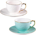 KAMMAK Tea Cups and Saucers Set of 2, Fine Bone China Coffee Cups, Stackable Espresso Mugs, Ceramic Demitasse for Coffee, Cappuccino, Latte, Americano, Tea, Uncaria (White + Blue)