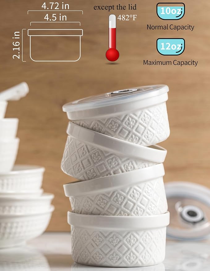 12 oz Ramekins Oven Safe, 4.5 Inch Creme Brulee Ramekins with Lids, Small White Ceramic Souffle Dishes, Mini Baking Bowls with Cover Set of 4, Ramekin Microwave & Dishwasher Safe