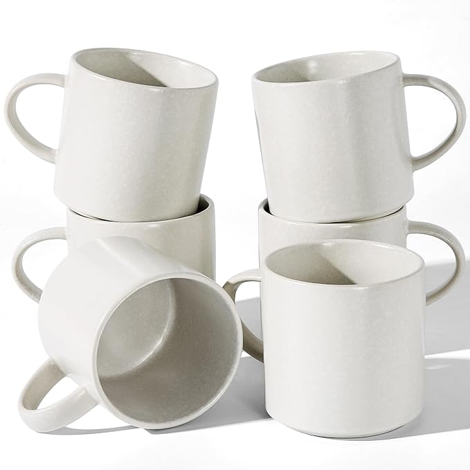 famiware Coffee Mugs Set of 6 Nebula 14oz Coffee Mugs, Ceramic Cup Set with Handle for Latte, Tea, Milk, Cappuccino, Cocoa, Matte Beige White