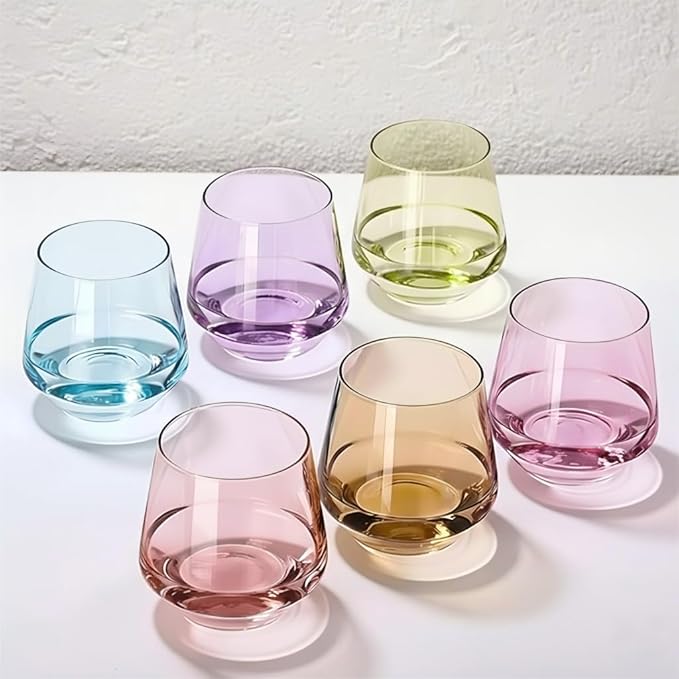 Physkoa Colored Stemless Wine Glasses Set of 6, Multi color Wine Glasses14oz,Diamond Shaped Cocktail Glass,Colorful Short Tumblers.Unique Drinkware for Home Party