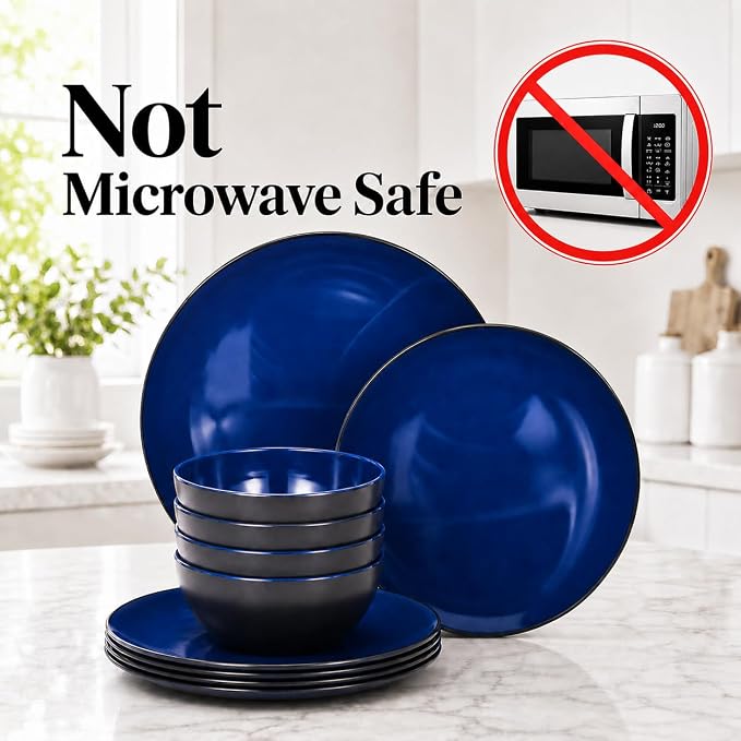 TP 12-Piece Melamine Dinnerware Sets, Plates and Bowls Dishes Set for 4, Break-Resistant & Non-Microwavable, Lightweight Dinner Plates, Black and Blue