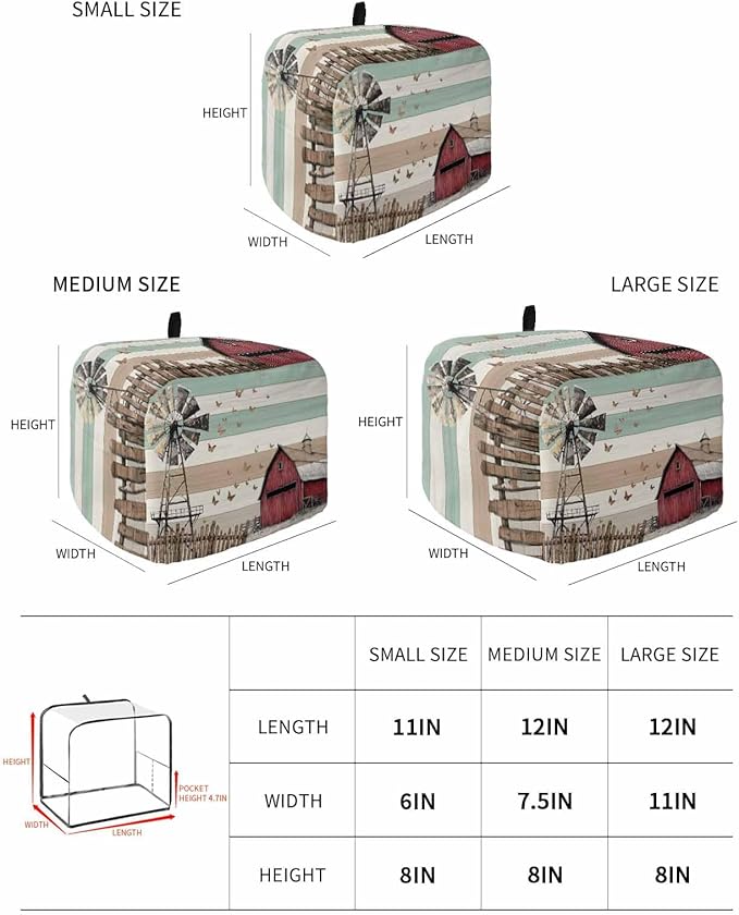 Windmill Farmhouse Toaster Cover 2 Slice, Vintage Teal Brown Wooden Dustproof Bakeware Oven Protector with Top Hook, Butterfly Waterproof Small Kitchen Appliance Toasters Dust Cover, 12"x7.5"x8"