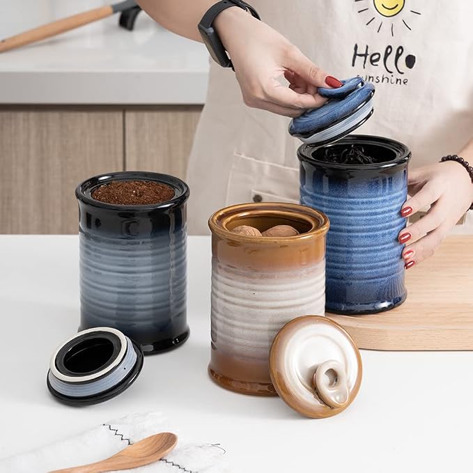 Nihow Food Storage Jar,Ceramic Canister Sets for The Kitchen,Set of 3,Blue | Air Tight Lid,Seal Damp-proof,For Flour/Sugar/Rice/Coffee/Cookies/Candy,Kitchen Counter Canister/Dishwasher Safe