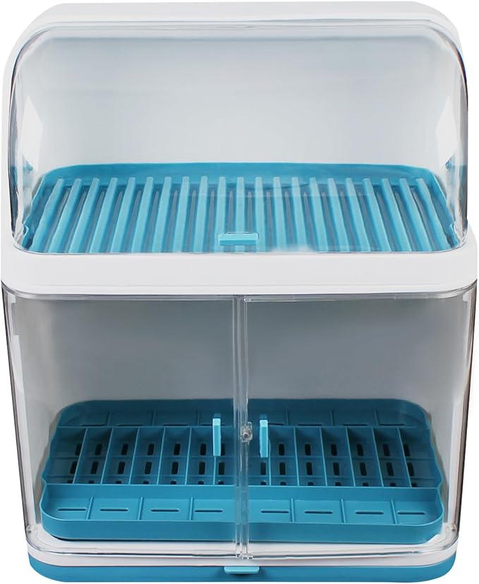 2 Tier Dish Drying Rack with Cover, Plastic Kitchen Plate Cup Dish Drying Rack， with Removable Drain Board, for Dish/Knifes/Cup, Blue, White