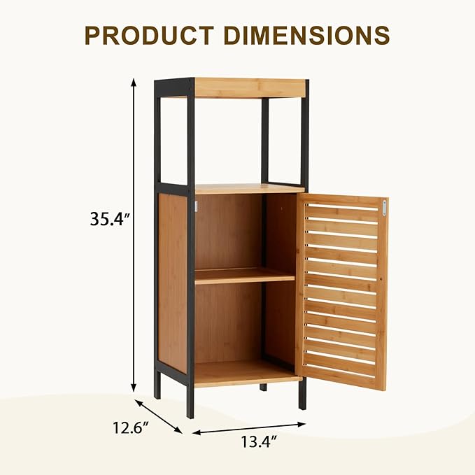 35" Bamboo Bathroom Storage Cabinet with Open Shelf, Solid 3 Tier Freestanding Floor Cabinet with Sliding Door, Waterproof Bamboo Organizer for Bathroom, Kitchen, or Entryway
