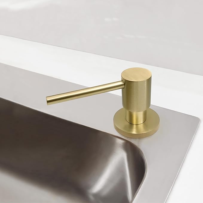 EADOT Brushed Gold All Brass Sink Soap Dispenser for Kitchen Sink Deck Mounted with 17 OZ Above The Sink Refillable PET Bottle Brass Pump Head in Counter Dish Soap Dispenser