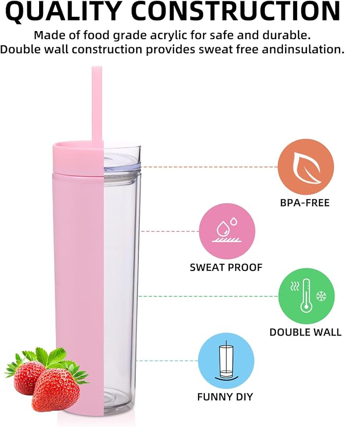 Volhoply 16oz Plastic Skinny Tumbler with Lid and Straw Bulk 8 Pack,Insulated Double Wall BPA Free Matte Acrylic Tumblers,Iced Coffee Travel Mug Reusable Party Cup,Customizable Diy Gifts(Pink,8 Set)