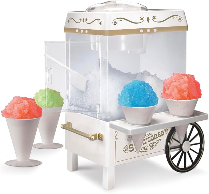 Nostalgia Snow Cone Shaved Ice Machine - Retro Table-Top Slushie Machine Makes 20 Icy Treats - Includes 2 Reusable Plastic Cups & Ice Scoop - White