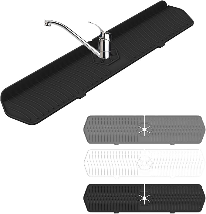 Faucet Guard - 90 Foldable Draining Mat for Kitchen Sink with 2 Drain Ports, Black, 24"*5.66"
