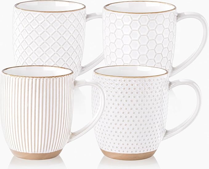 GBhome Large Coffee Mugs Set of 4, 16oz Handmade Embossed Coffee Mugs Set with Large Handle for Cappuccino/Latte/Tea/Hot Cocoa, Dishwasher & Microwave Safe, Off White