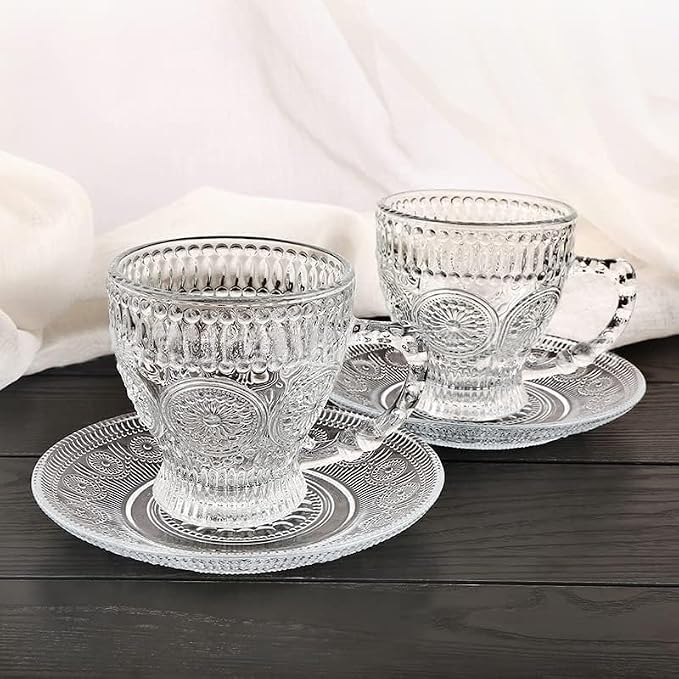 cosnou Vintage Glass Tea Cups with Saucers, Glass Mugs 7 Oz Set of 6 Espresso Coffee Embossed Glassware with Handle, for Cappuccino, Latte, Cereal, Yogurt, Beverage Hot/Cold, Milk…