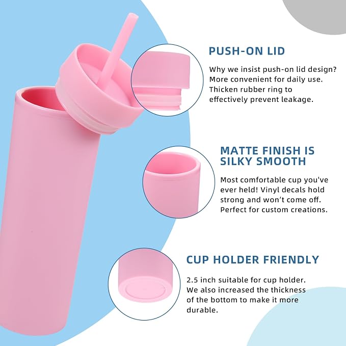 Volhoply 16oz Plastic Skinny Tumbler with Lid and Straw Bulk 8 Pack,Insulated Double Wall BPA Free Matte Acrylic Tumblers,Iced Coffee Travel Mug Reusable Party Cup,Customizable Diy Gifts(Pink,8 Set)