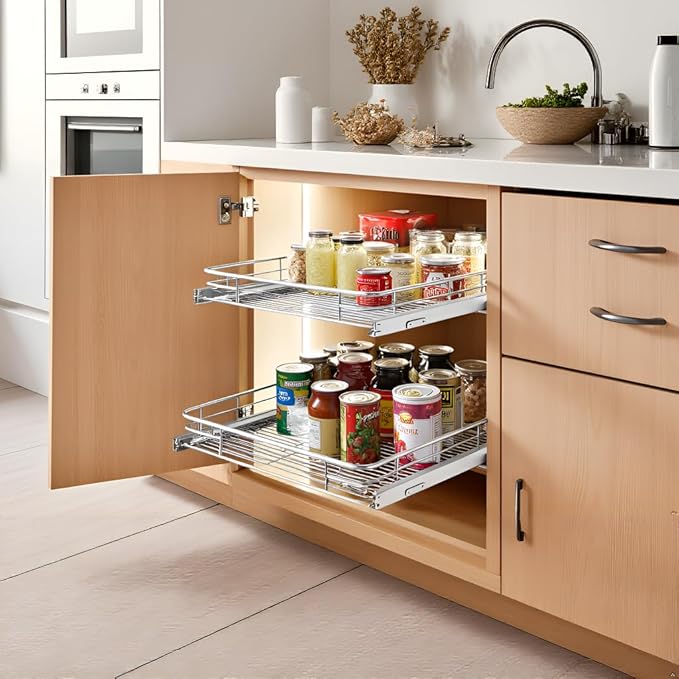JOWBOOW Pull Out Cabinet Organizer (20.7" W x 21" D), Put Out Shelves for Kitchen Cabinets, Roll Out Drawers Heavy-Duty Metal Sliding Shelf, Bottom Mount