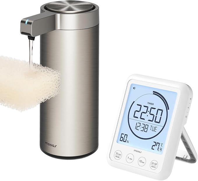 mooas Shower Clock with Waterproof Timer, Temperature, Humidity + Metal Touchless Automatic Liquid Soap Dispenser, Stainless Steel, Rechargeable, IPX5 Waterproof for Bathroom, Kitchen, Handwashing