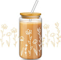 Mumufy 1 Pack Glass Cups Gift Aesthetic Cute Glass Cup Tumbler Flower Iced Coffee Mugs 16 oz with Bamboo Lid & Straw, for Wedding Birthday Bridesmaid Mom Baby Shower