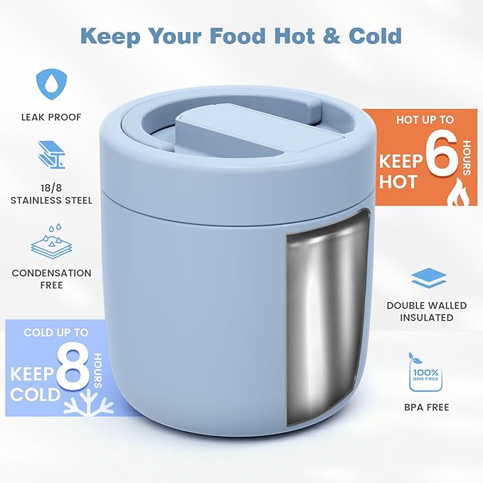 Thermo for Hot Food Adults, 40.5oz Wide Mouth Soup Thermo Lunch Containers with Spoon, Stainless Steel Vacuum Insulated Bento Lunch Box,Lunch Containers with Handle(Blue)